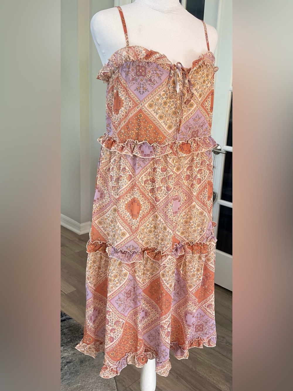 June & Hudson Patchwork Asymmetrical Ruffle Boho Midi Dress Size M NWT - Picture 4 of 13